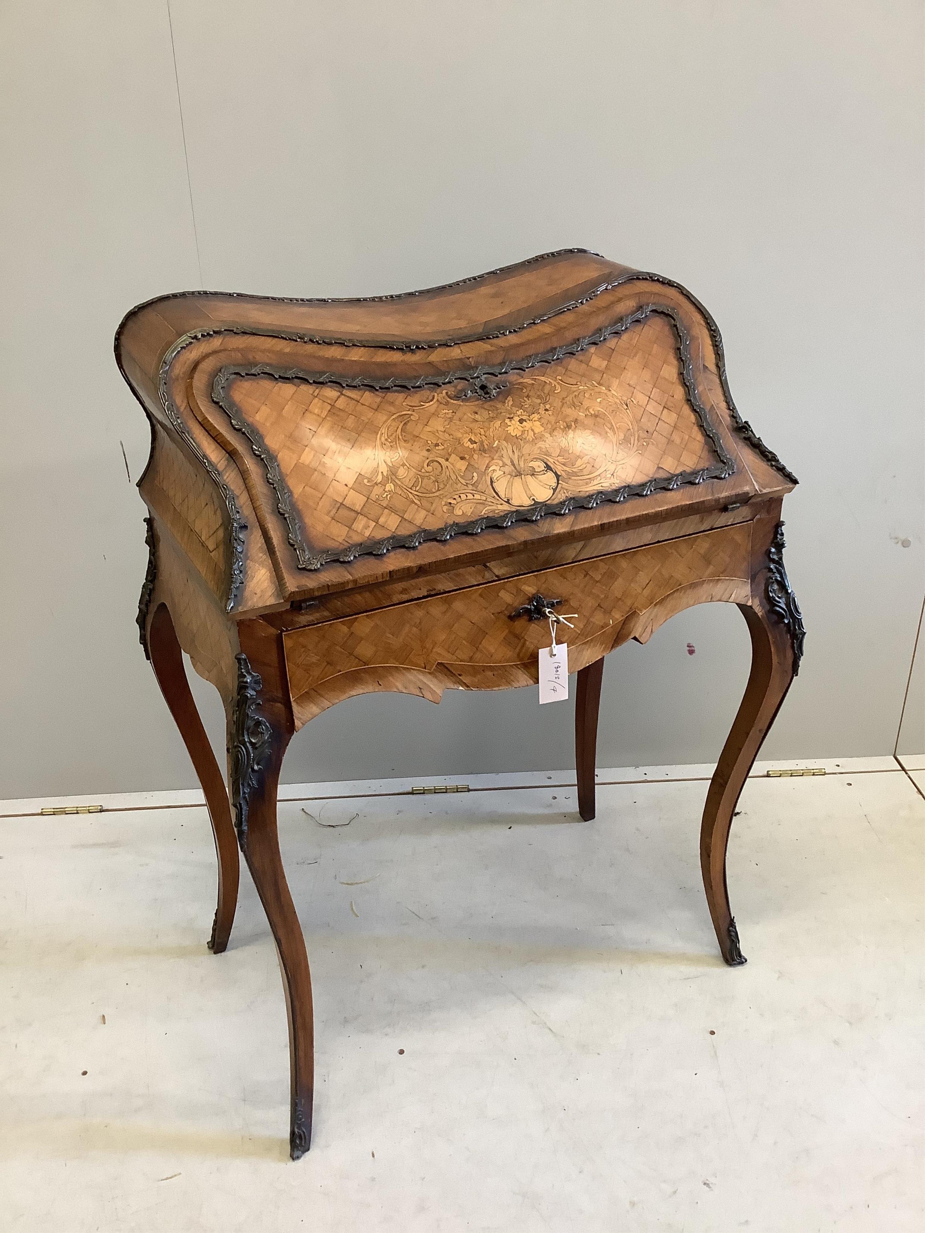 A French Transitional style gilt metal mounted kingwood bureau de dame, width 75cm, depth 46cm, height 98cm. Condition - fair